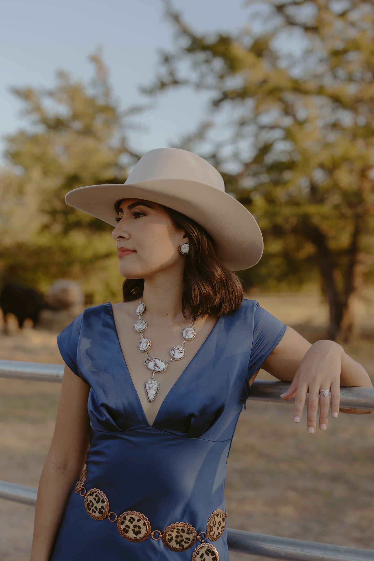 Wild horse necklace on model in blue dress
