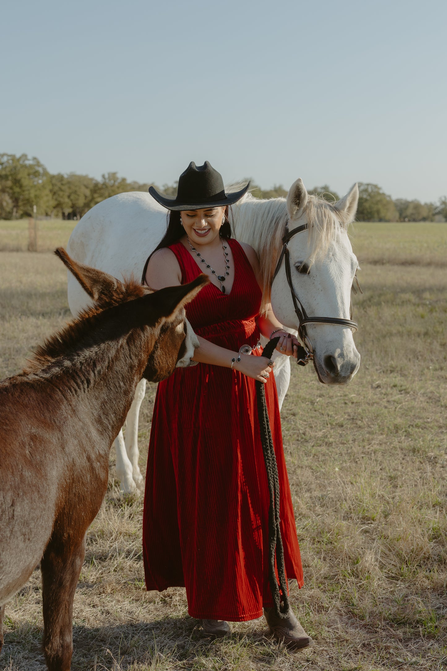 Onyx jewelry se on model in red dress with white horse and donkey 