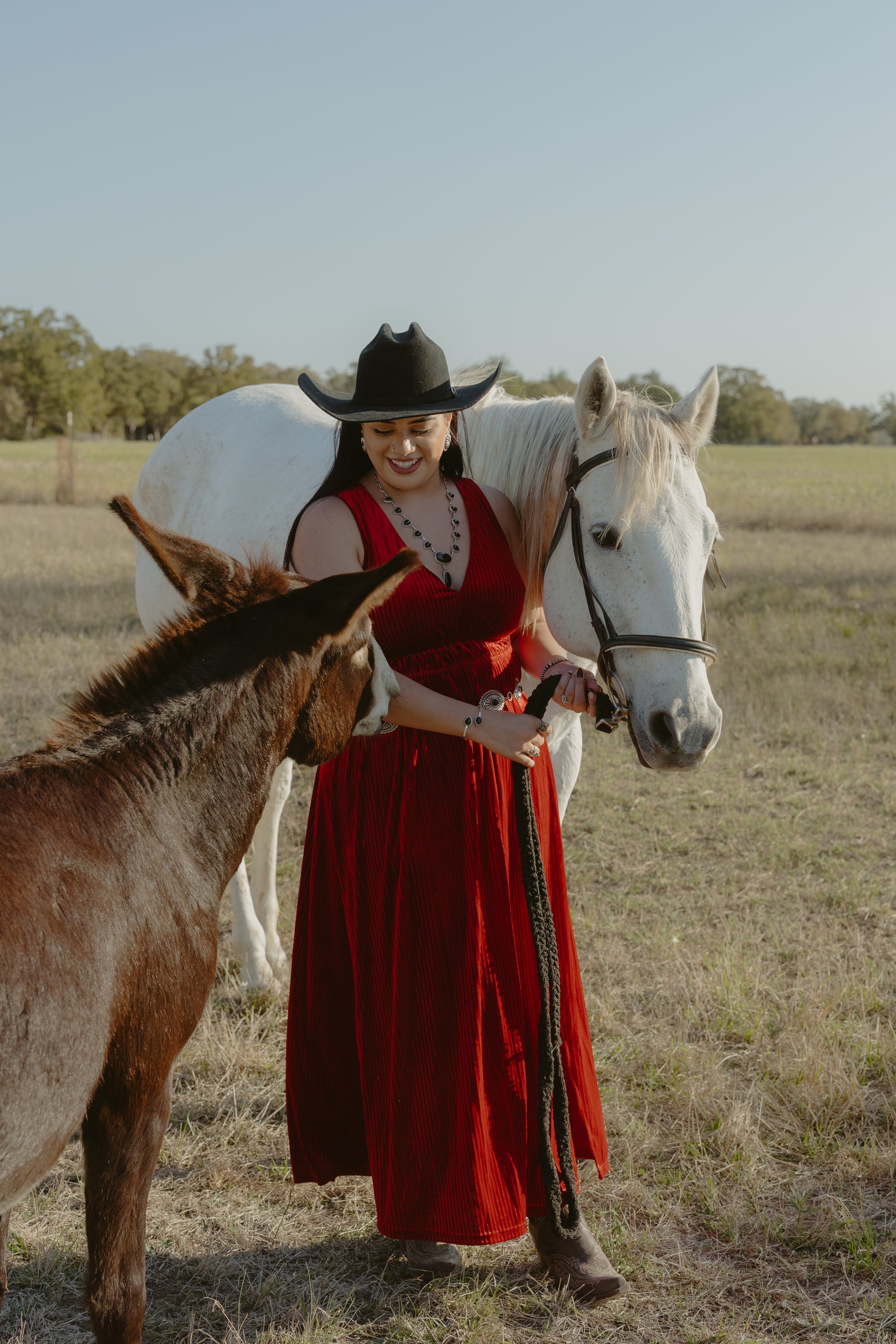 Onyx jewelry se on model in red dress with white horse and donkey 