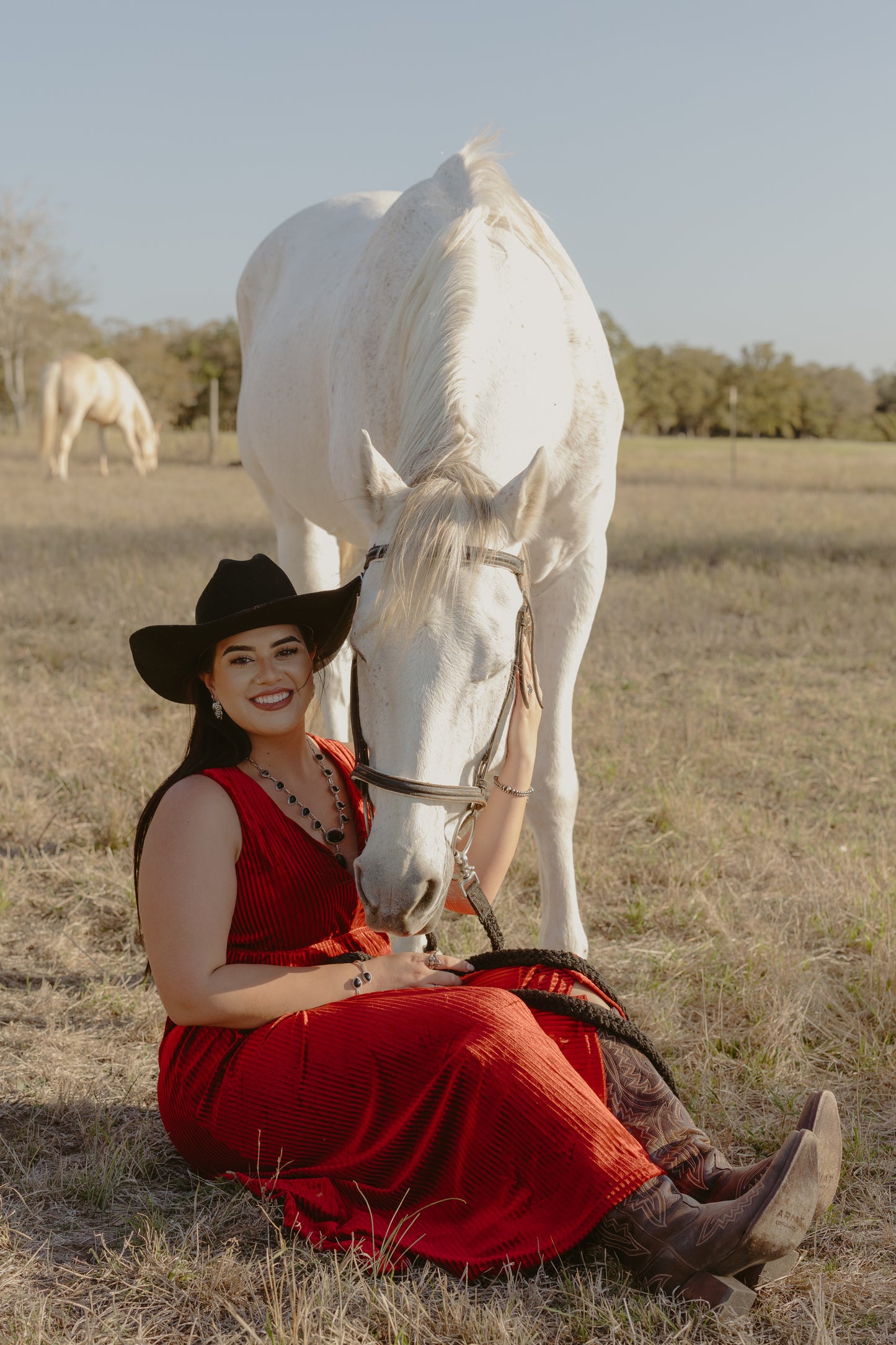 Onyx necklace on model in red dress with a white horse in a field